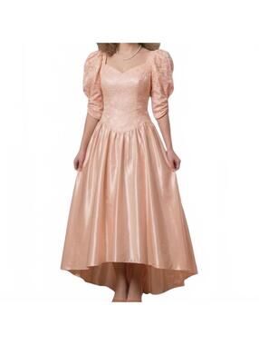 Vintage 1980's Women's Lace Satin Bow Peach Formal Dress Union Made Size 4
